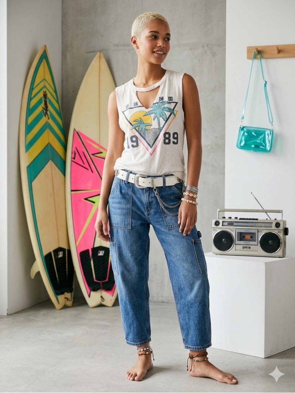 Twine & Stark Beach Graphic Muscle Tank Top XS Cream